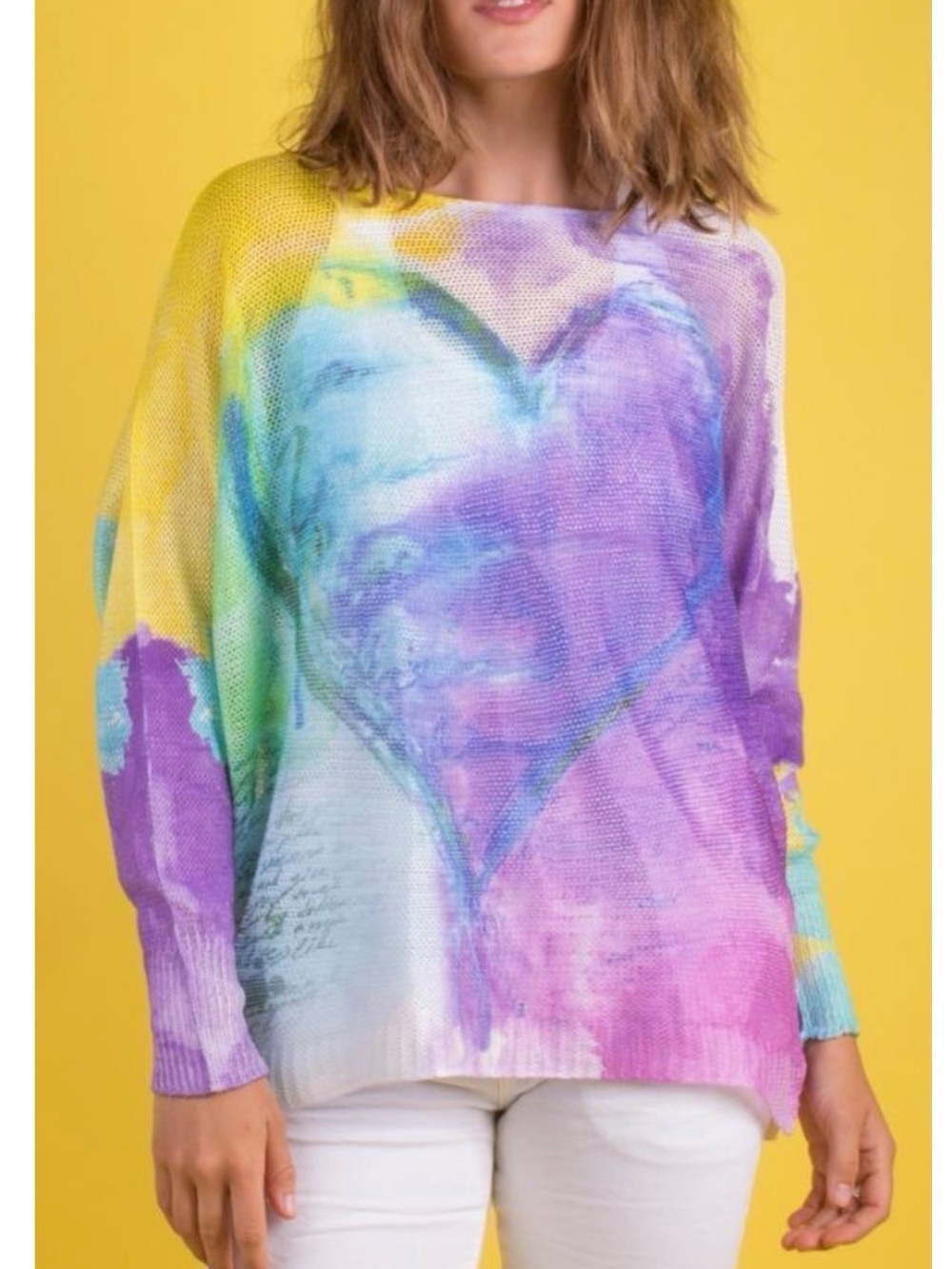 Gigi Moda Emy Batwing Long Sleeve Sweater with a Watercolor Heart Design onesize
